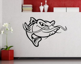 Calcomanía de vinilo para pared con diseño de pez gato, bigotes de pez gato, plantilla de regalo, cartel de decoración de pesca, mural de arte de pared, un color, sin fondo, 3494
