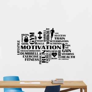 Gym Wall Decal Vinyl Sticker Motivation Word Cloud Quote Exercise Run Health Workout Fitness Wall Decor Sign Poster Wall Art Gift 103gy