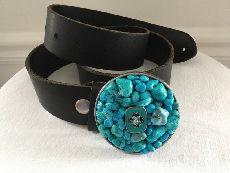 Belt Buckle for Women Black Round buckleSemi-precious gemstonesTurquoise belt buckle