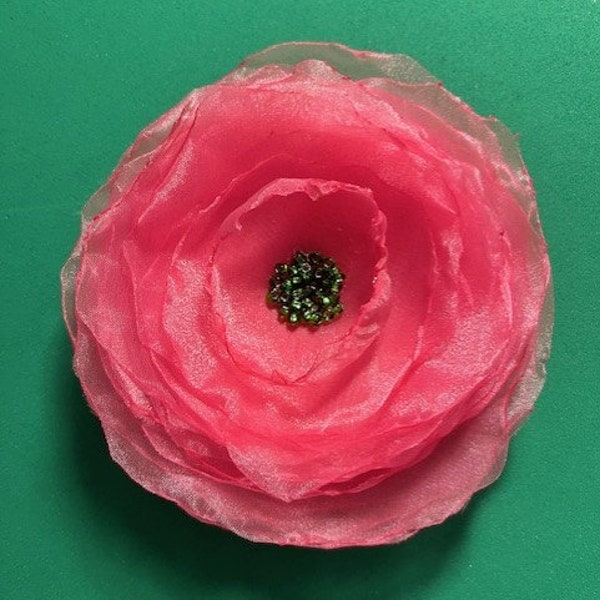 Pink Organza Flower Brooch//Pink Corsage//AkA Merchandise//Pink and Green Flower Pin//Organza Flower Corsage//Pink Flower Pin
