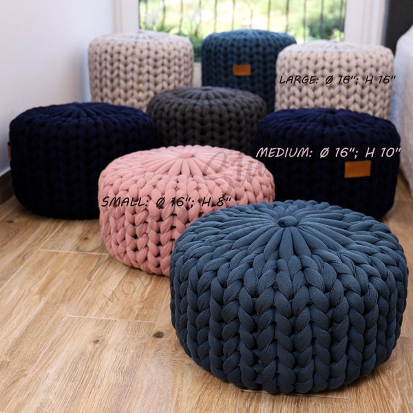 Couchtisch, HAND OTTOMAN Pouf, Kinderzimmer Dekor, POUFFE skandinavisch, Fußhocker, Handgestrickter Pouffe, 28 Farben, Strickpouf, Weihnachtsgeschenk