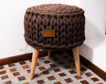 Chunky Knit Cotton Pouf Ottoman, Beech Wood Legs