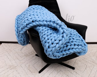 Hand Knitted Chunky Acrylic Kids Blanket, Soft Blue Throw