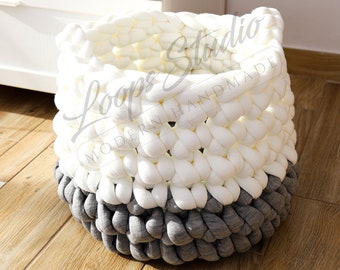 Handmade Two-Tone Crochet Basket, Vegan Acrylic Yarn, 35 cm