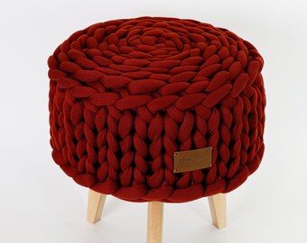 Grobstrick-Pouf Ottomane,Acrylschnur,Buchenholzbeine