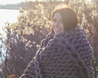 Hand Knitted Chunky Knit Blanket, Acrylic Blend