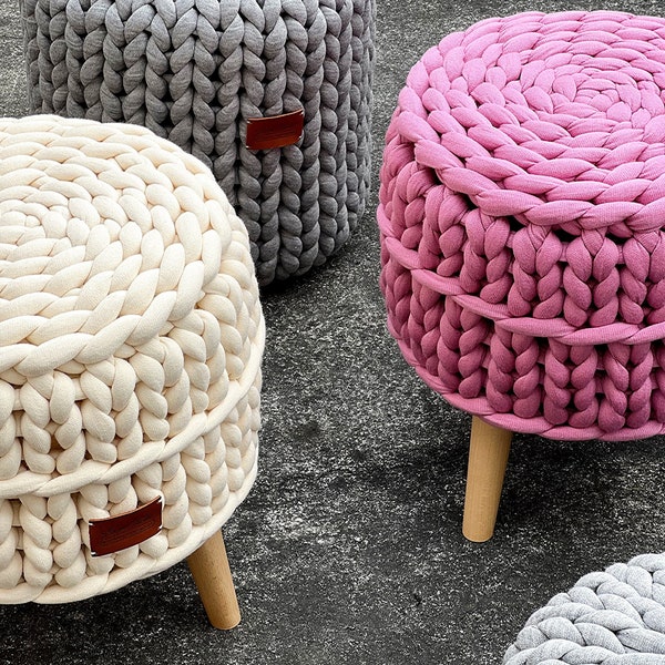 MUSTARD Knitted pouf ottoman, chunky knit POUFFE, round knit pouf, knit poof, Crochet footstool, FOOTSTOOL Seating cushion, Christmas Gift