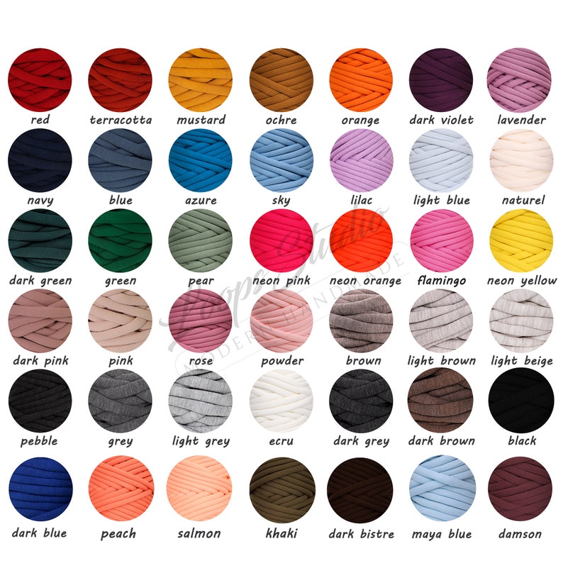 May include: A chart of 36 different colors of yarn, each color is represented by a ball of yarn. The colors include red, terracotta, mustard, ochre, orange, dark violet, lavender, navy, blue, azure, sky, lilac, light blue, naturel, dark green, green, pear, neon pink, neon orange, flamingo, neon yellow, dark pink, pink, rose, powder, brown, light brown, light beige, pebble, grey, light grey, ecru, dark grey, dark brown, black, dark blue, peach, salmon, khaki, dark bistre, maya blue, and damson.