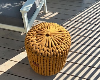Hand Knit Crochet Pouf, Scandinavian Ottoman Footstool