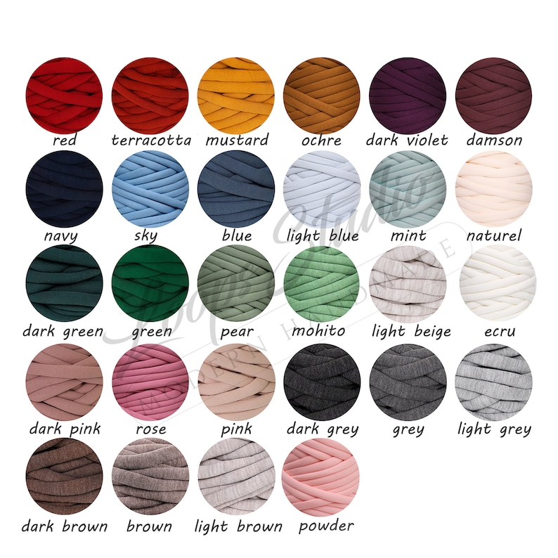 May include: A color chart featuring 24 different shades of yarn. Colors include red, terracotta, mustard, ochre, dark violet, damson, navy, sky, blue, light blue, mint, naturel, dark green, green, pear, mohito, light beige, ecru, dark pink, rose, pink, dark grey, grey, and light grey.