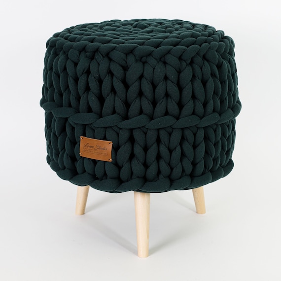 Handmade Chunky Knit Pouf Ottoman, Beech Wood Legs