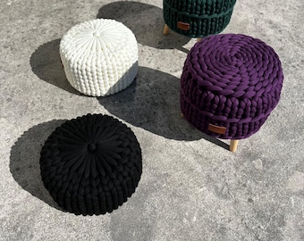 Hand Knitted Ottoman Pouf, Chunky Acrylic Yarn, Scandinavian Style