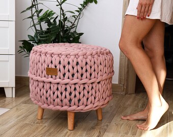 Large Round Knitted Ottoman Coffee Table, Beech Legs
