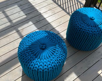 Hand-Knitted Chenille Pouf Ottoman, Scandinavian Style