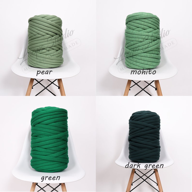 Tubular acrylic yarn with polyester filling in the trendiest shades of green this season. The photo shows the most popular colors! Pear color, mojito, bright and bottle green. Products in these shades are ideal for every interior and style.