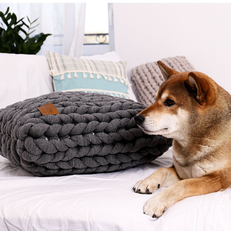 May include: A gray, braided dog bed with a brown leather tag. A Shiba Inu dog is lying on a white bed next to the dog bed. Decorative pillows are in the background. The dog bed is approximately 24 inches in diameter.