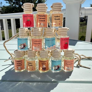 May include: A pyramid of thirteen small glass car air freshener bottles with wooden caps and hanging cords. Each bottle features a label with scents including Apple Harvest, Pumpkin Caramel Crunch, Amber Woods, Santal & Coconut, Cashmere Pumpkin, Azure Coast, and Pumpkin Spice.