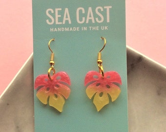 Pink Yellow Ombre Gradient Monstera Leaf Drop Dangle Resin Earrings | Small Batch Jewellery Handmade in the UK