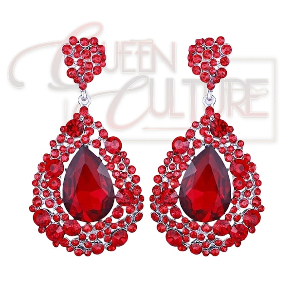 Red Large Crystal Drop Earrings/ Red Rhinestone Earrings/ Red Large Earrings/ Red Bridal Earrings/ Red Pageant Earrings/ Red Prom Earrings