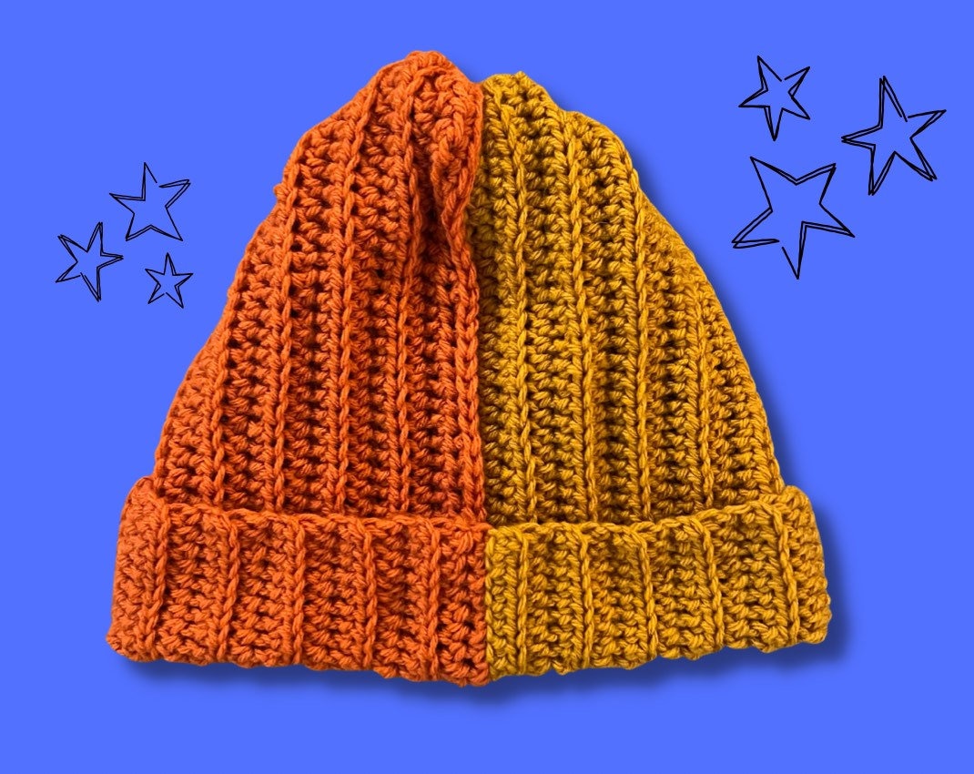 Hand made crocheted beanie NWOT. Multi colored ( red, orange, white) stretchy!! Color Blocked Crochet Beanie main image 3