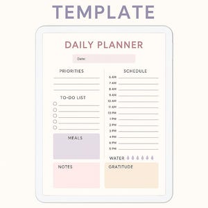 Plantilla de planificador diario en tonos pastel suaves / Canva editable e imprimible / A4 + Carta / Lista de tareas minimalista, horario, prioridades y cuidado personal