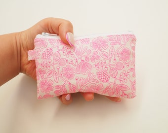 Rifle Paper Co Fabric Small Zipper Pouch / Card Wallet, Key Chain, Wristlet, Coin Purse / Moxie Floral Neon Pink