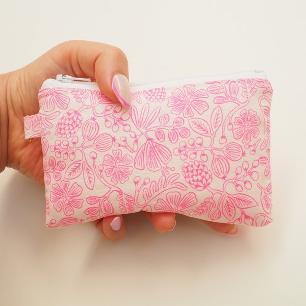 Petite pochette à fermeture éclair/porte-cartes en tissu pour Rifle Paper Co, porte-clés, bracelet, porte-monnaie/moxie floral rose néon