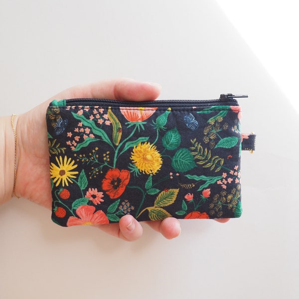 Rifle Paper Co Fabric Small Zipper Pouch / Card Wallet, Lanyard, Key Chain, Wristlet / Poppy Fields Black