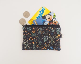 Rifle Paper Co Fabric Small Zipper Pouch / Card Wallet, Lanyard, Key Chain, Wristlet, Coin Pouch / Menagerie Garden Black
