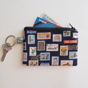 Zippered Coin Pouch Wallet - Postage Stamps Navy