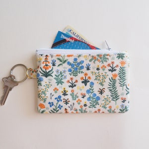 Rifle Paper Co Fabric Small Zipper Pouch / Card Wallet, Lanyard, Key Chain, Wristlet, Coin Pouch / Menagerie Garden Cream