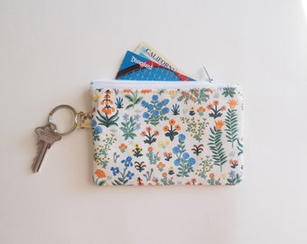 Rifle Paper Co Fabric Small Zipper Pouch / Card Wallet, Lanyard, Key Chain, Wristlet, Coin Pouch / Menagerie Garden Cream