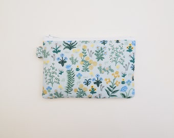 Rifle Paper Co Fabric Small Zipper Pouch / Card Wallet, Lanyard, Key Chain, Wristlet, Coin Pouch / Menagerie Garden Mint