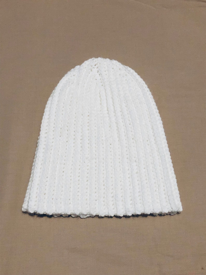 White Crochet Ribbed Fitted Beanie