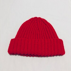 Red Crochet Ribbed Fitted Beanie