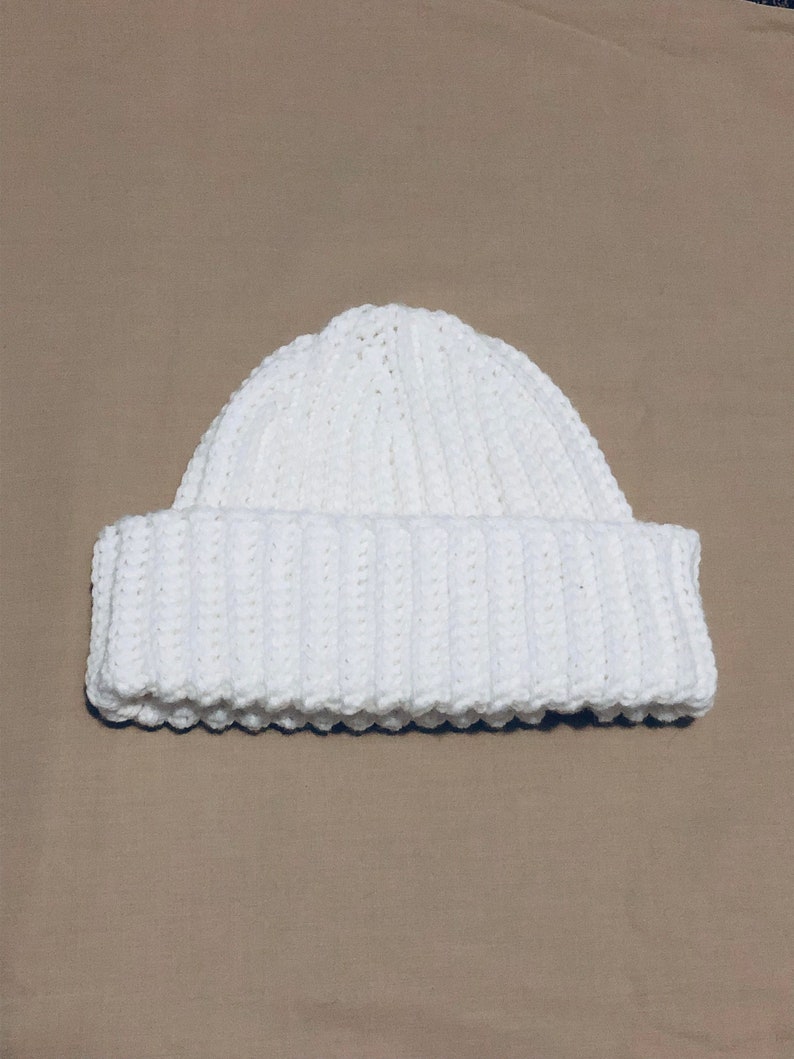 White Crochet Ribbed Fitted Beanie