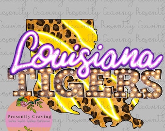 Pode incluir: Uma ilustração digital do estado da Louisiana com uma estampa de leopardo e um design de raio amarelo. As palavras "Louisiana Tigers" estão em uma fonte de néon roxa com lâmpadas ao redor das letras.