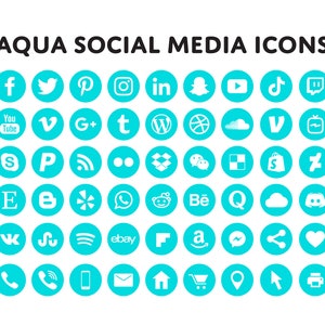 May include: A set of 40 aqua blue social media icons with white logos. The icons include Facebook, Twitter, Pinterest, Instagram, LinkedIn, Snapchat, YouTube, Vimeo, Google Plus, Tumblr, WordPress, Reddit, SoundCloud, VK, Twitch, Discord, Etsy, Amazon, Behance, and more.