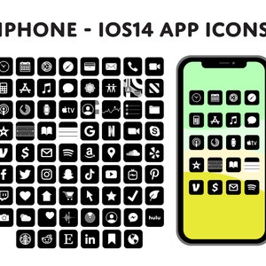 May include: A black and white illustration of a smartphone with a green and yellow screen displaying a grid of app icons. The icons represent popular apps such as Instagram, Facebook, Twitter, Spotify, and more. The text "IPHONE - IOS14 APP ICONS" is displayed above the phone.