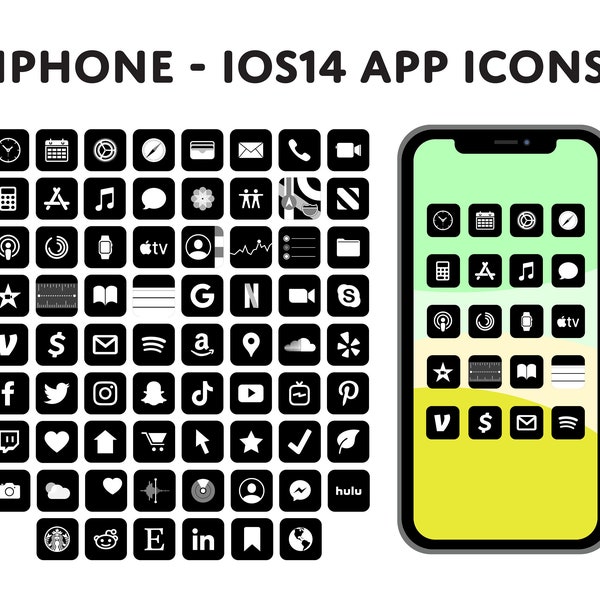 iPhone ios14  icons - Black iPhone app icons bundle - 70 social media and app icons - iPhone apps - iOS icons - iPhone customization