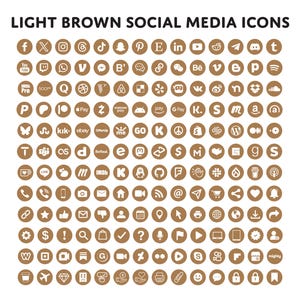 Könnte beinhalten: Eine Sammlung hellbrauner Social-Media-Icons, jeweils in einem kreisförmigen Rahmen. Die Icons umfassen Logos für Facebook, Instagram, Twitter, YouTube und viele mehr. Der Text "LIGHT BROWN SOCIAL MEDIA ICONS" steht oben.