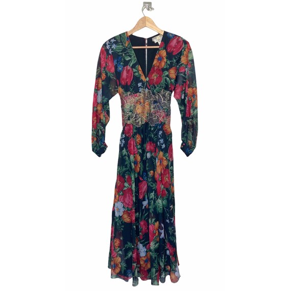 Holly Harp 70s 80s Boho Floral Print Silk Maxi Dre