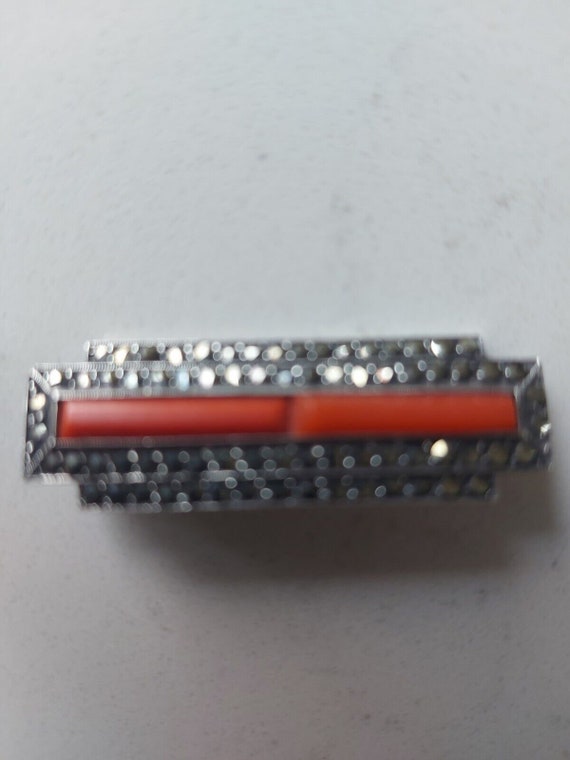 Broche Ancienne En Argent Massif 850‰ Avec Marcassites Et Corail - Occasion Vintage