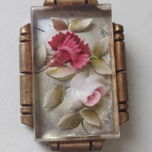 Vintage French Lucite Brooch Pink Flowers Brass Setting