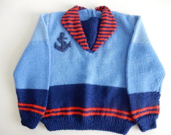 Jumper, Sailor, Hand Knit, Child, Pure Wool