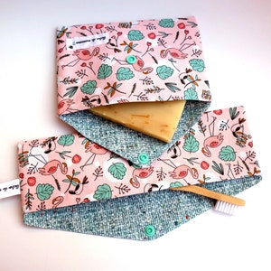 Eco Friendly Travel Kit, Soap case and toothbrush case, Flamingos pouch, zero waste set, cutlery pouch, utensils pouch