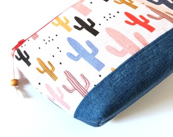 Canvas zipper pouch, cactus make up bag, waterproof lining pouch, denim travel pouch gift for her, Travel essentials, Christmas gift