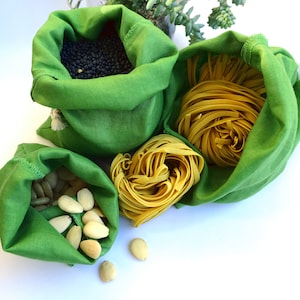 Zero Waste green linen produce bags for grocery, bread, rice, nuts, pasta, Farmers Market Bulk Bag, eco friendly bag