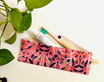 Cutlery pouch, reusable straw case, waterproof lined pouch, reusable toothbrush holder, Handmade Zero Waste Utensils Wrap