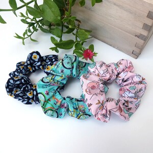 Coquette hair scrunchies, women&#39;s hair tie, cotton floral blue scrunchie, turquoise with bikes scrunchie, pink with flamingos scrunchie